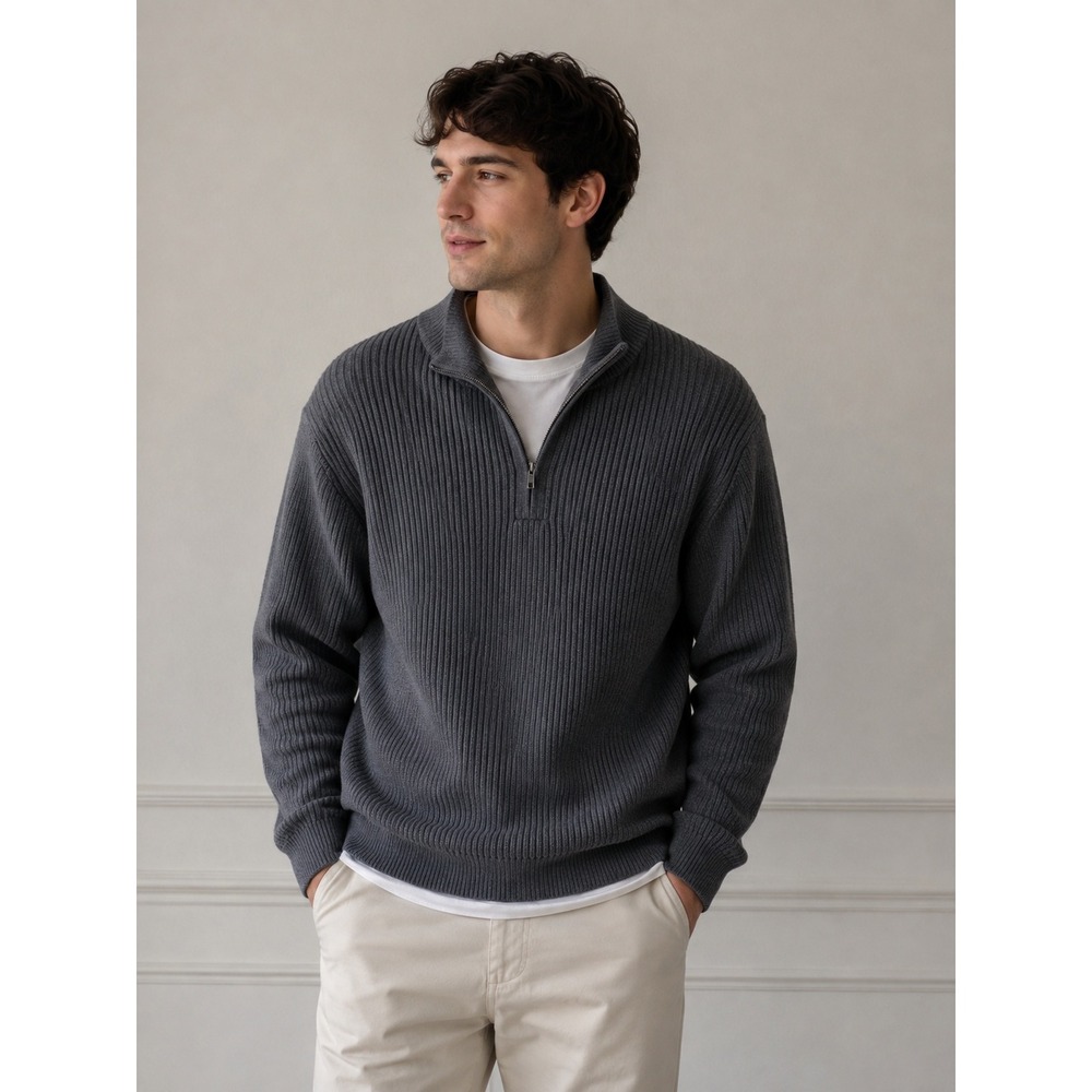 Pact Mens Organic Cotton Quarter Zip Ribbed Sweater Charcoal Grey Medium NWT
